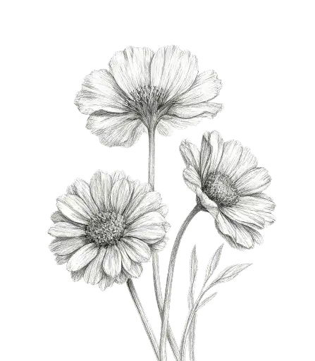 Schwarze und weiße Blumenillustration mit drei Blüten und Blättern.